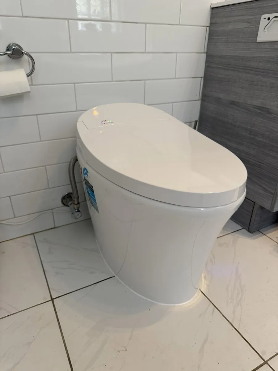 Modern back-to-wall toilet installed on large format tiles