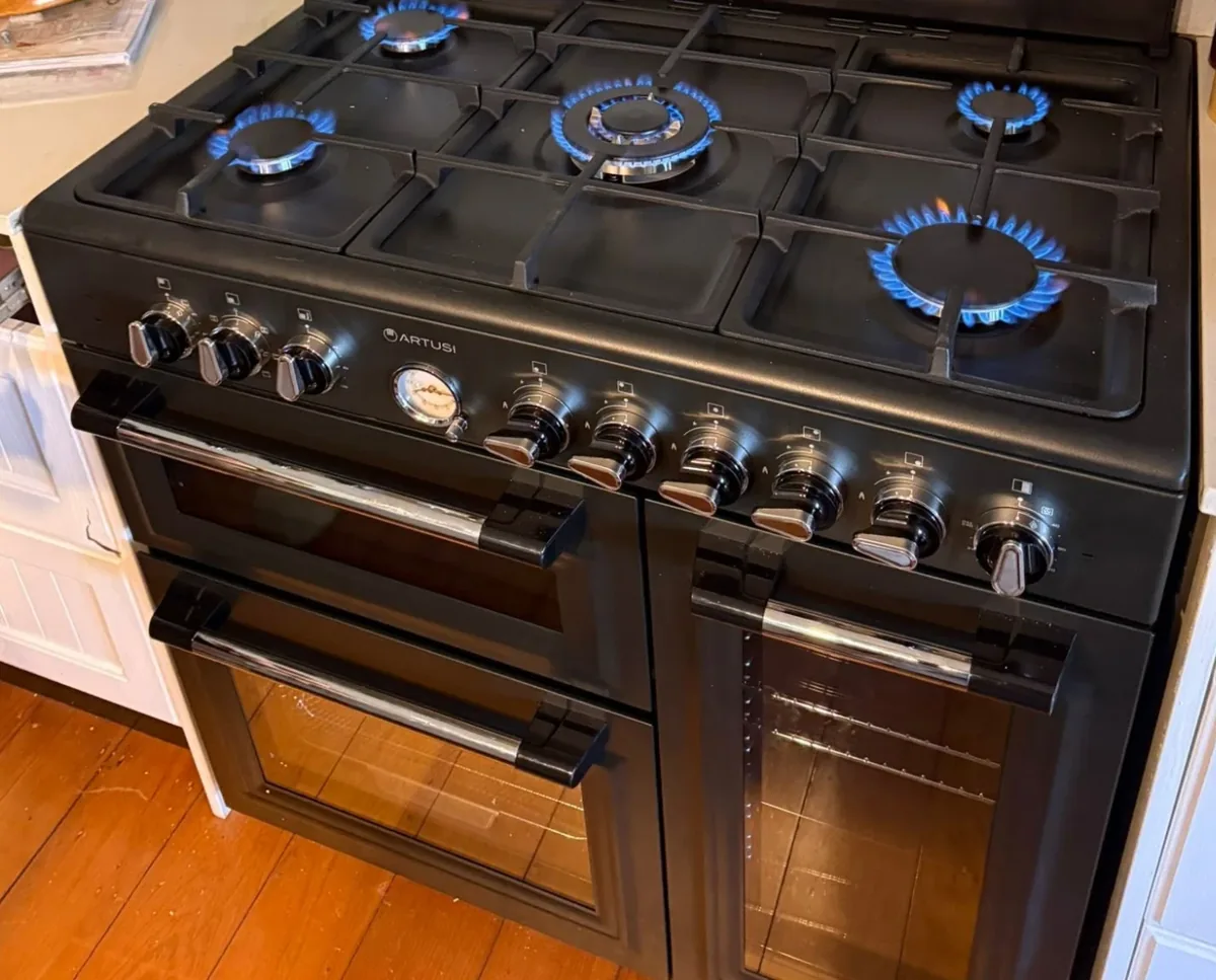 Black Artusi freestanding gas cooker with all five burners lit